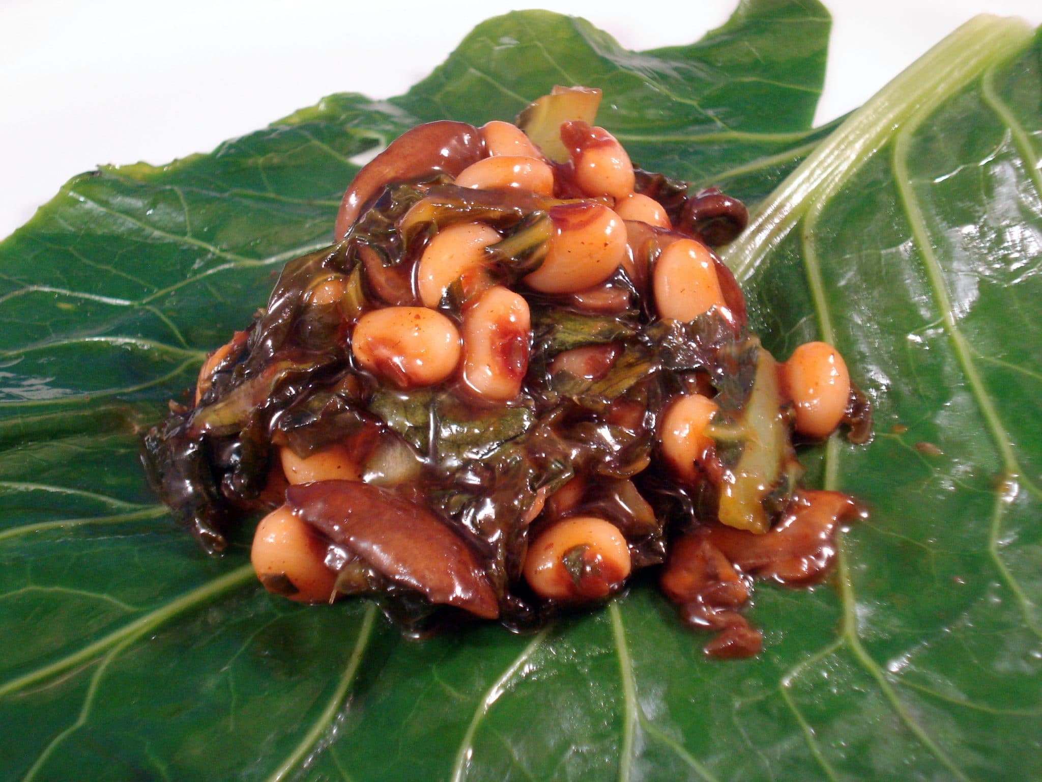 Close up of inside a BBQ Black-eyed Pea-Collard roll