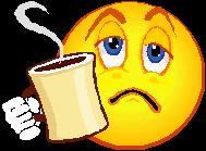 Sad emoji holding cup of hot coffee